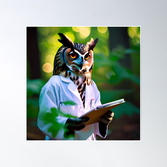 Owl Doctor In Enchanted Forest Poster Wall Art, Modern Wall Decor, 16x16 UNFRAMED