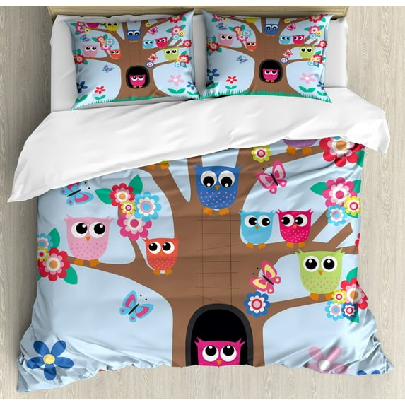 Owl Duvet Cover Set, Cartoon Birds and Butterflies on a Tree Style Composition Illustration, Decorative 3 Piece Bedding Set with 2 Pillow Shams, Queen Size, Multicolor, by Ambesonne