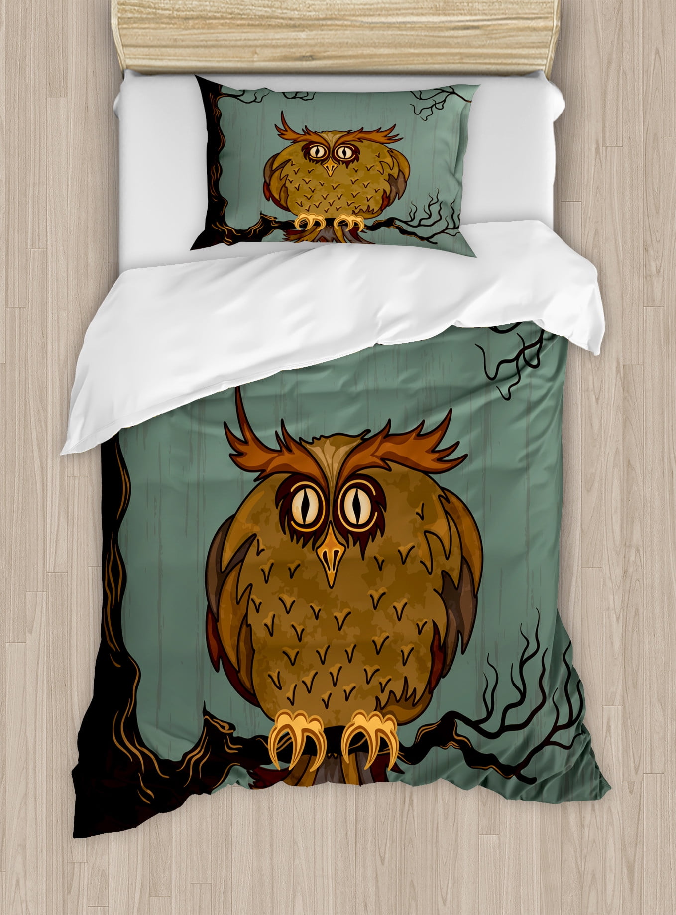 Twin Blue and Brown Owl Cartoon Duvet Cover Set