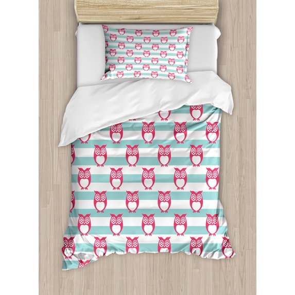 Owl Duvet Cover Set, Large Flower Eyed Owls Pattern Better Positive Perspective Hope Modern Illustration, Decorative 2 Piece Bedding Set with 1 Pillow Shams, Twin Size, Turquoise Pink, by Ambesonne