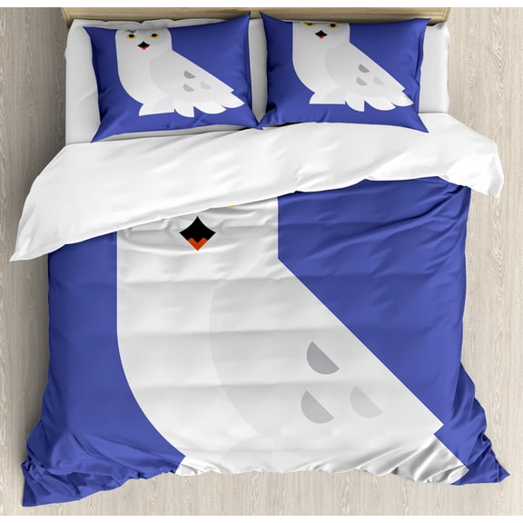 Owl Duvet Cover Set, Nocturnal Animal Portrait Forest Character Wildlife Digital Graphic Cartoon, Decorative 3 Piece Bedding Set with 2 Pillow Shams, Calking Size, Violet Blue Coconut, by Ambesonne
