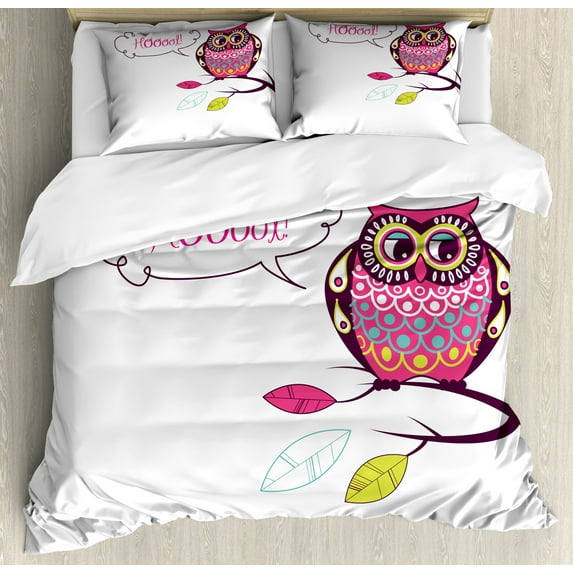 Owl Duvet Cover Set, Ornate Colorful Owl on the Branch Observing Flat Face Myst Animal Image, Decorative 3 Piece Bedding Set with 2 Pillow Shams, Queen Size, Pink Purple White, by Ambesonne