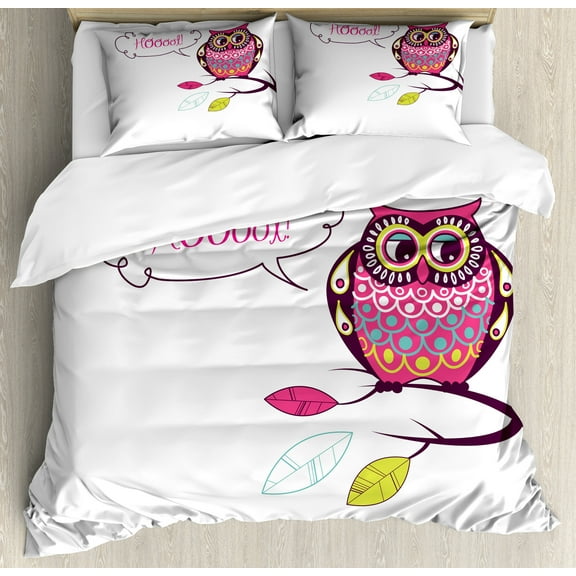 Owl Duvet Cover Set, Ornate Colorful Owl on the Branch Observing Flat Face Myst Animal Image, Decorative 3 Piece Bedding Set with 2 Pillow Shams, Calking Size, Pink Purple White, by Ambesonne