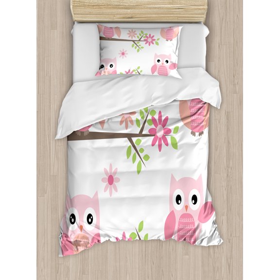 Owl Duvet Cover Set, Owls Waving in the Floral Tree Springtime Girly Design Print, Decorative 2 Piece Bedding Set with 1 Pillow Shams, Twin Size, White Green Pink, by Ambesonne
