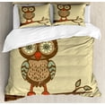 thumbnail image 1 of Owl Duvet Cover Set, Owl Sitting on Branch Eyesight Animal Humor Pastel Retro Modern Graphic, Decorative 3 Piece Bedding Set with 2 Pillow Shams, King Size, Brown Cream Teal, by Ambesonne, 1 of 3