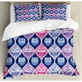 thumbnail image 1 of Owl Duvet Cover Set, Tired Eyes Closed Sleeping Owls Silent Flight Vertical Design Illustration, Decorative 3 Piece Bedding Set with 2 Pillow Shams, Queen Size, Pink Purple Blue, by Ambesonne, 1 of 3