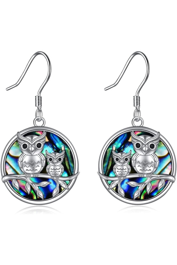 Owl Earrings for Women 925 Sterling Silver Owl Dangle Earrings Abalone Shell Jewelry Gifts for Women