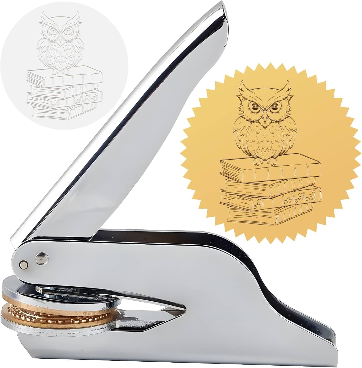 Owl Embossed Stamp Book Ex Libris Library 1.6in Stainless Steel Seal Stamper Hand Held Embosser Bookish Teacher Notary for Official Graduation Gift Envelopes Wedding Invitation Paper Napkin