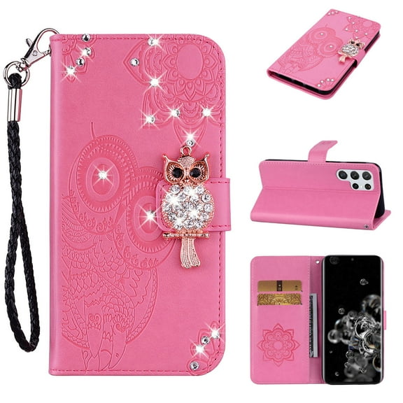 Owl Embossed Wallet Case for Samsung Galaxy S23 Ultra, Bling Diamond Magnetic Flip with Card Slots Holder Leather for Galaxy S23 Ultra Case with Wrist Strap Kickstand Case For Women Girls, Pink