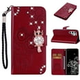 thumbnail image 1 of Owl Embossed Wallet Case for Samsung Galaxy S23 Ultra, Bling Diamond Magnetic Flip with Card Slots Holder Leather for Galaxy S23 Ultra Case with Wrist Strap Kickstand Case For Women Girls, Winered, 1 of 7