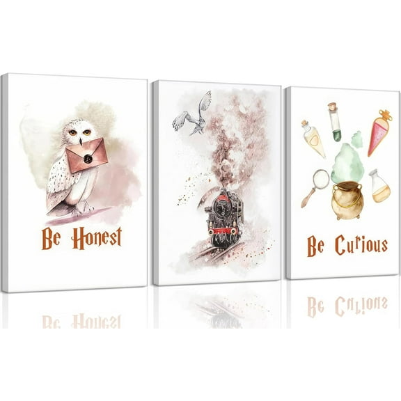 Owl Express Train Magic Canvas Wall Art Vintage Watercolor Animal Painting Picture Wall Decor Magic Lovers Honest be Curious Poster Print Artwork for Dormitory Bedroom Nursery Home Decoration