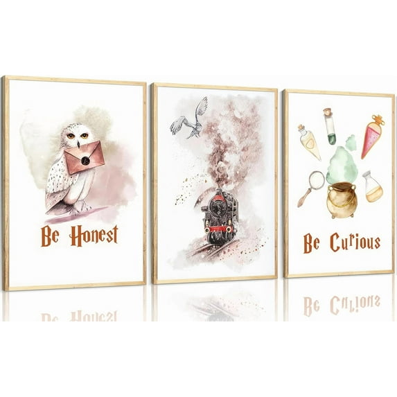 Owl Express Train Magic Canvas Wall Art Vintage Watercolor Animal Painting Picture Wall Decor Magic Lovers Honest be Curious Poster Print Artwork for Dormitory Bedroom Nursery Home Decoration