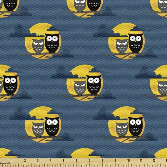 Ambesonne Owl Fabric by the Yard Upholstery, Birds on Branches Full Moon, 10 Yards, Dark Sky Blue Yellow