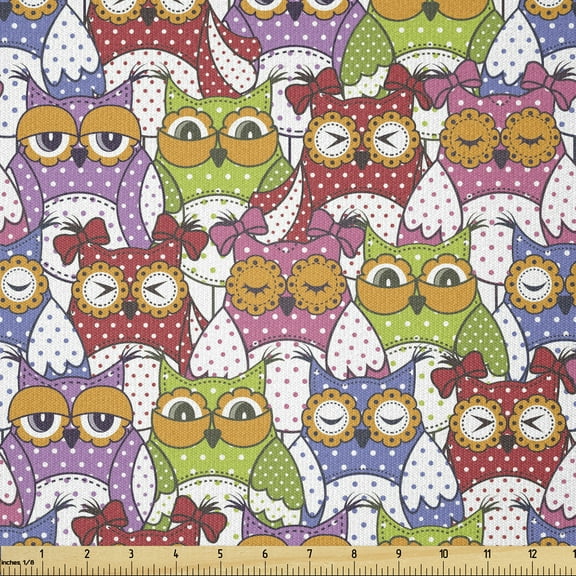 Owl Fabric by The Yard, Ornate Owl Crowd with Different Sights Polka Dots Like Matryoshka Dolls Fun Retro Theme, Stretch Knit Fabric for Clothing Sewing and Arts Crafts, 2 Yards, Pink Green, Ambesonne