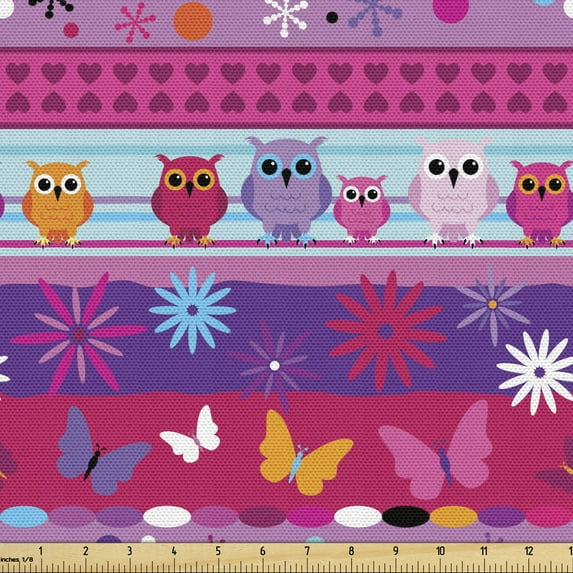 Ambesonne Owl Fabric by the Yard Upholstery, Cartoon Owls and Flowers, 10 Yards, Multicolor