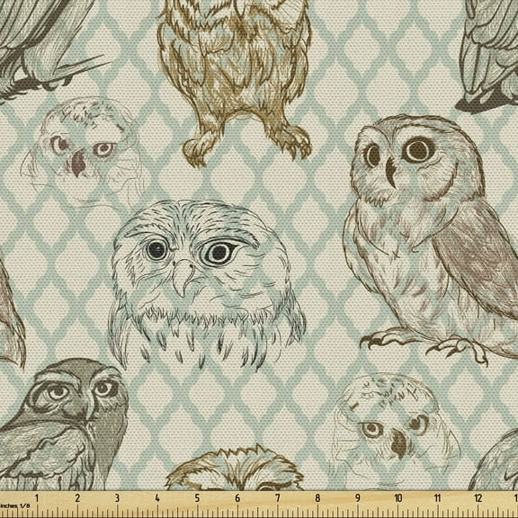 Ambesonne Owl Fabric by the Yard Upholstery, Sketch Cat Looking Birds, 1 Yard, Brown Reseda Green