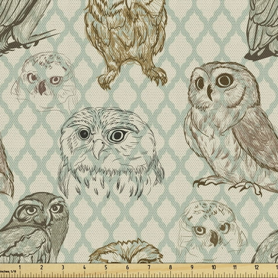 Ambesonne Owl Fabric by the Yard Upholstery, Sketch Cat Looking Birds, 5 Yards, Brown Reseda Green