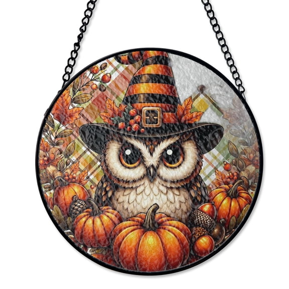 Owl Fall Pumpkin Suncatcher Faux Stained Glass UV Printed Wise Bird Autumn Decor Round