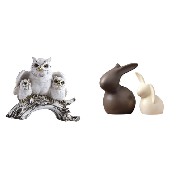 Owl Figurines Ceramic Bunny Statue Set with Artistic Resin Material for Living Room Office Easter Decor