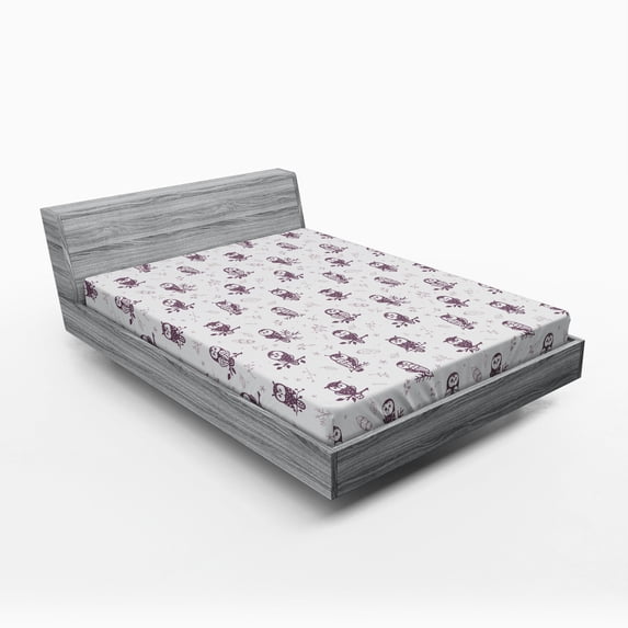 Owl Fitted Sheet, Cartoon Style Illustration of Owls on the Branches Mysterious Woods Print, Soft Decorative Fabric Bedding, Queen Size, Eggplant White, by Ambesonne