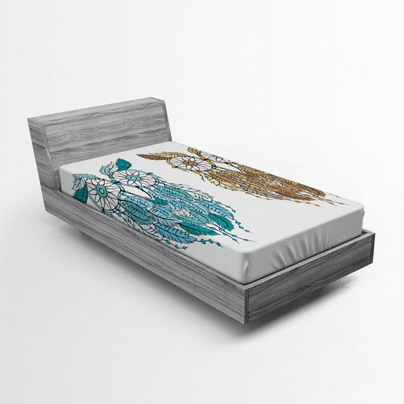 Ambesonne Tribal Fitted Sheet, Farsighted Birds, Twin XL Size, Cream White Teal