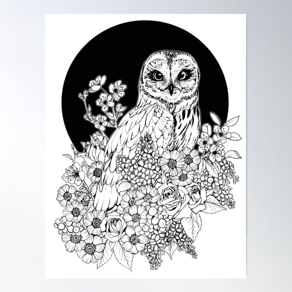Owl Floral Eclipse - Black And White Poster Wall Art, Modern Wall Decor For Living Room Bedroom, 8x12 UNFRAMED