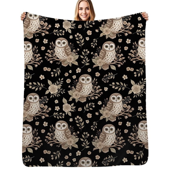 Owl Floral Pattern Black Flannel Blanket Warm Soft Bedding Throws Winter Camping Chair Sofa Bed