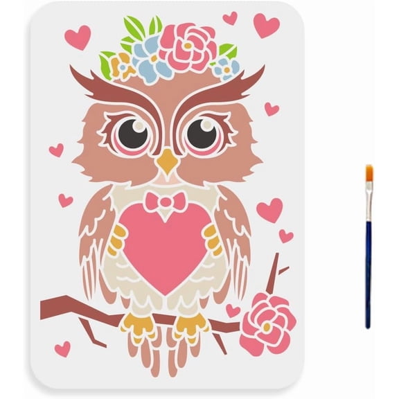Owl Flower Stencil 11.78.3inch Large Owl Bird on Branch Stencil with Paint Brush Flower Heart Tie Owl Animal Template for DIY Craft Canvas Wall Wood Home Decor for DIY