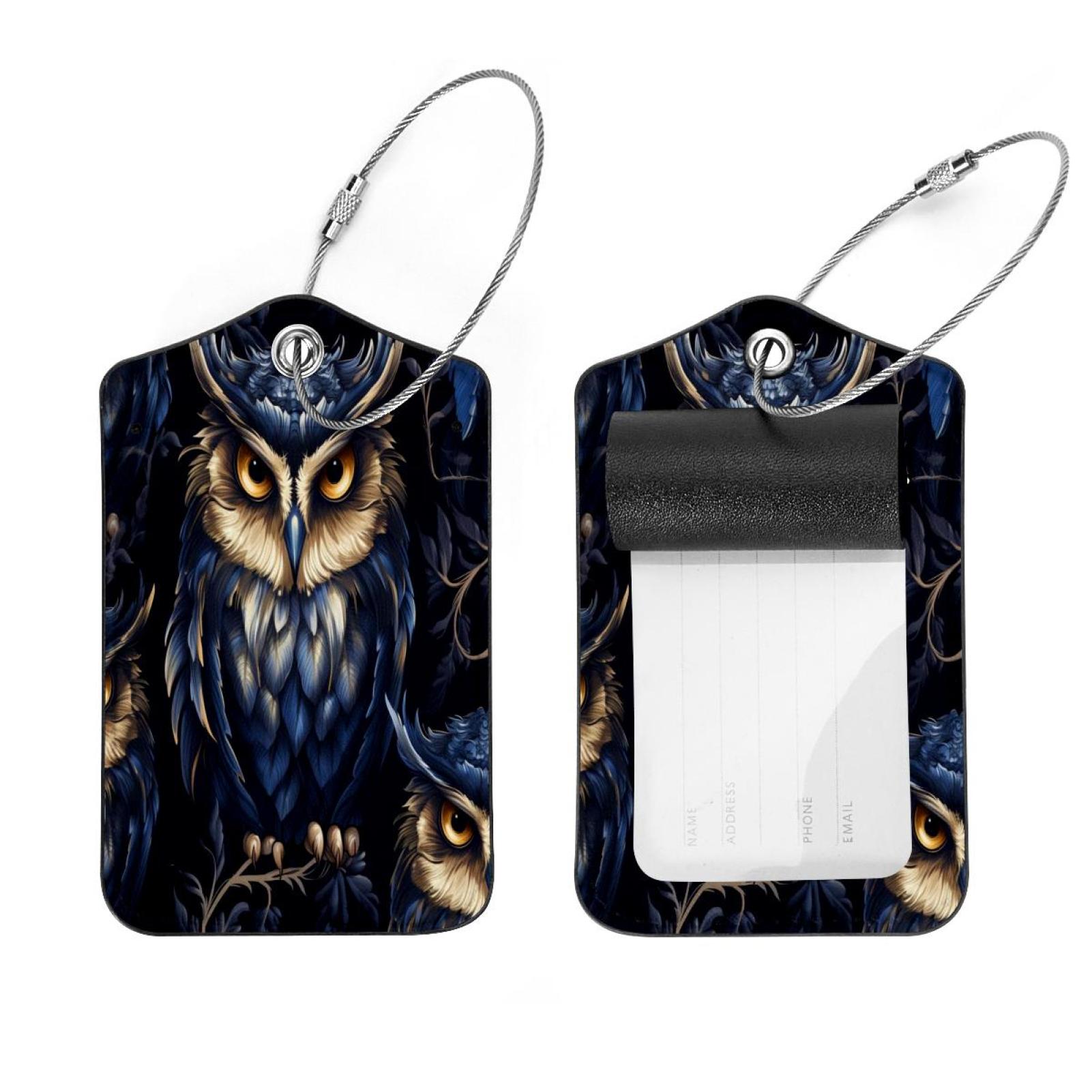 Owl Flowers Art Painting Luggage Tags with Stainless Steel Loop, 2 Pack