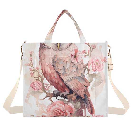 Owl Flowers Leaves Pink Corduroy Tote Bag Handbag Large Messenger Bag Shoulder Crossbody Zipper Bag Purse