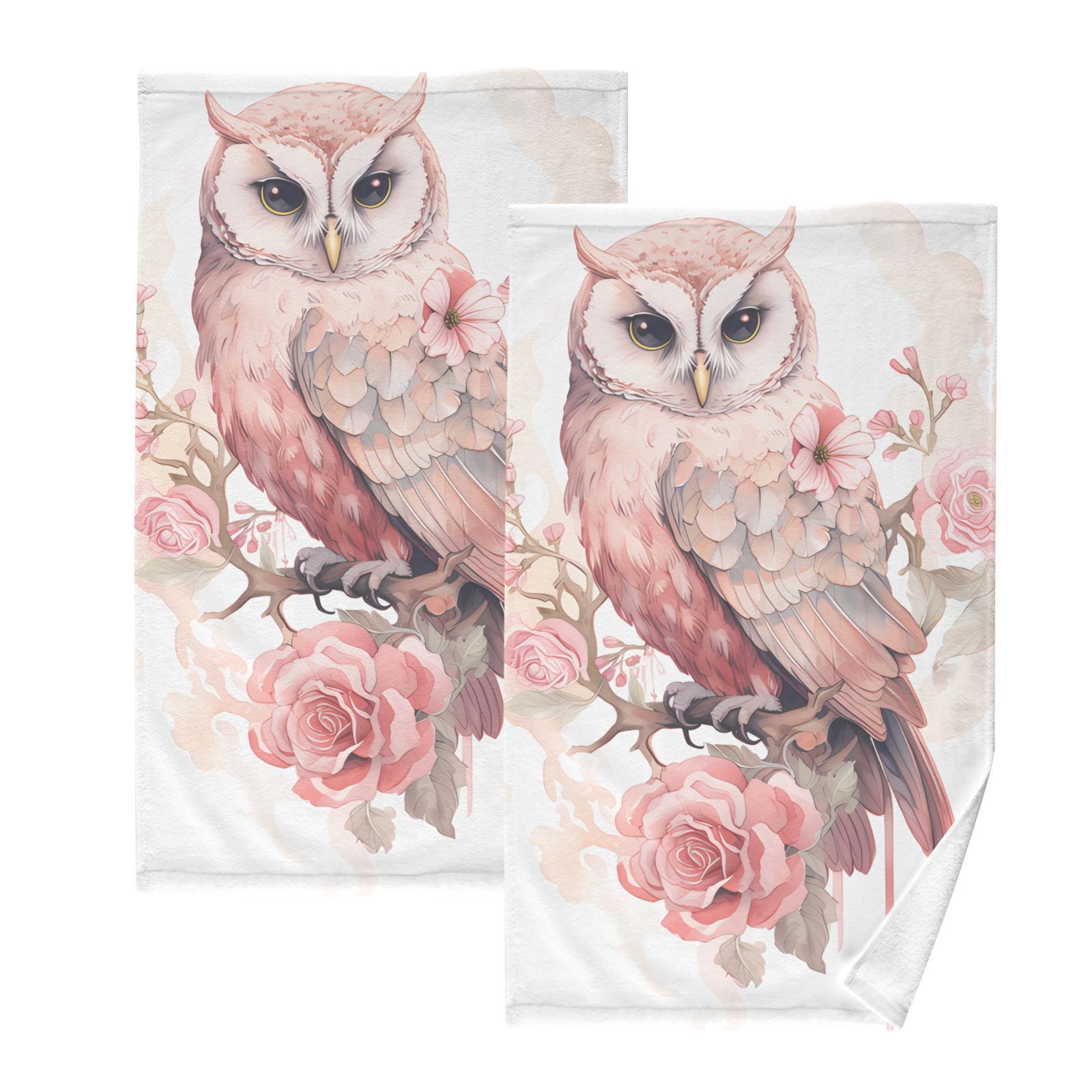 Owl Flowers Leaves Pink Hand Towel Bath Towels Face Towels Cotton Absorbent for Home Hotel Spa Swimming Yoga Sports Decorative Towel Set of 2