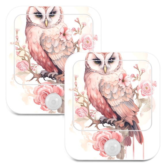 Owl Flowers Leaves Pink Night Lights Plug into Wall LED with Auto Light Sensor Warm Light for Kids Hallway Bedroom Living Room Kitchen Bathroom Set of 2