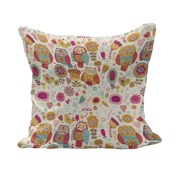 Owl Fluffy Throw Pillow Cushion Cover, Sixties Inspired Color Scheme Psychedelic Abstract Birds and Flowers Multicolored Image, Decorative Square Pillow Case, 16" x 16", Multicolor, by Ambesonne