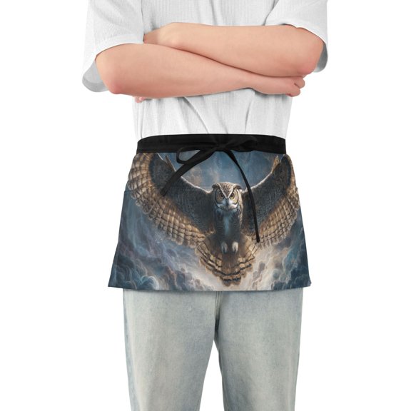 Owl Flying Short Server Apron with 3 Pockets for Unisex Chef Gardening