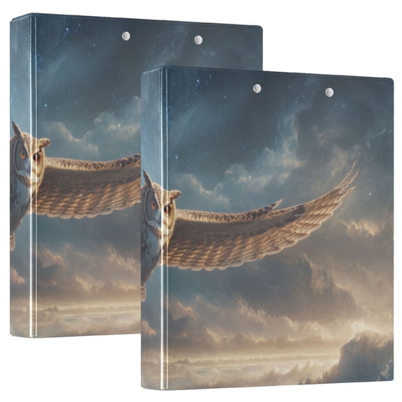 Owl Flying Through Clouds Round Ring Binder 3 Rings 1.5" Capacity File Storage for A4 Size 2 Pack