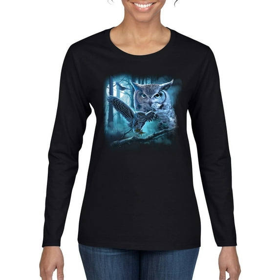 Owl Flying at Nihght In Front of the Moon Animal Lover Womens Graphic Long Sleeve T-Shirt, Black, Large