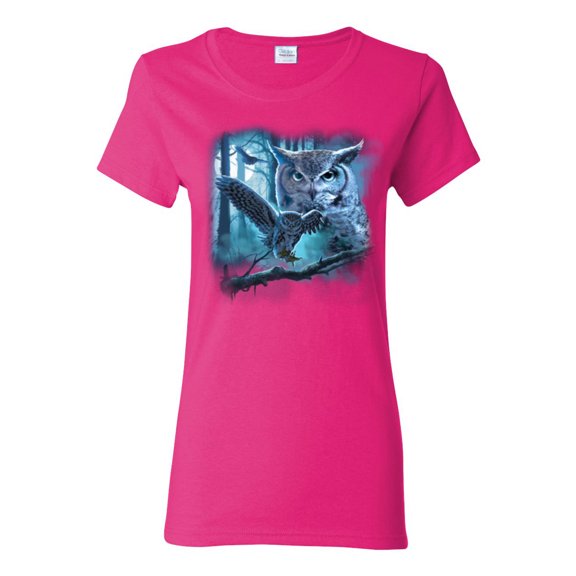 Owl Flying at Nihght In Front of the Moon Animal Lover Womens Graphic T-Shirt, Fuschia, Large