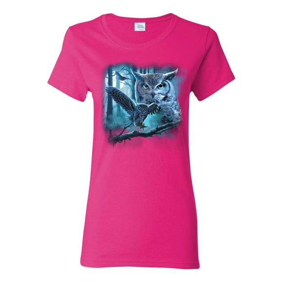 Owl Flying at Nihght In Front of the Moon Animal Lover Womens Graphic T-Shirt, Fuschia, Medium