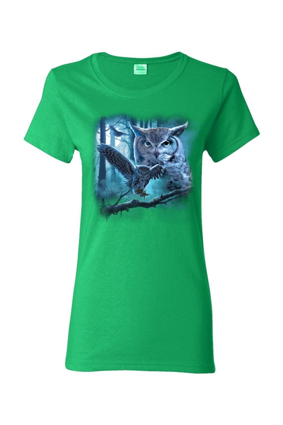 Owl Flying at Nihght In Front of the Moon Animal Lover Womens Graphic T-Shirt, Kelly, Medium
