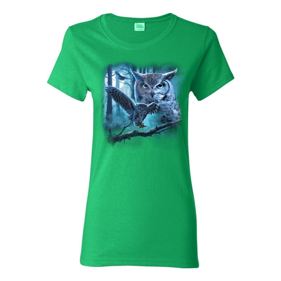 Owl Flying at Nihght In Front of the Moon Animal Lover Womens Graphic T-Shirt, Kelly, X-Large