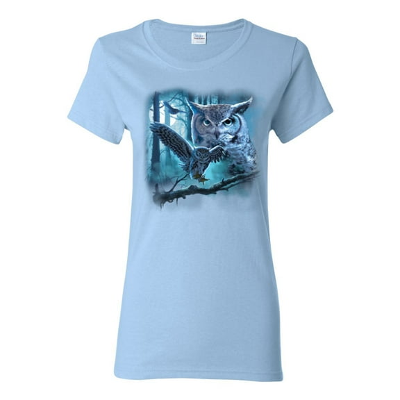 Owl Flying at Nihght In Front of the Moon Animal Lover Womens Graphic T-Shirt, Light Blue, X-Large