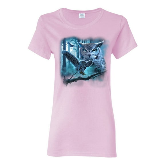 Owl Flying at Nihght In Front of the Moon Animal Lover Womens Graphic T-Shirt, Light Pink, Large