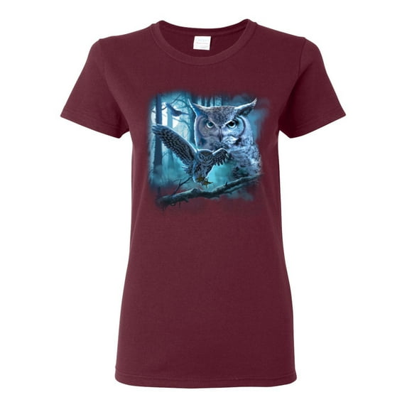 Owl Flying at Nihght In Front of the Moon Animal Lover Womens Graphic T-Shirt, Maroon, X-Large