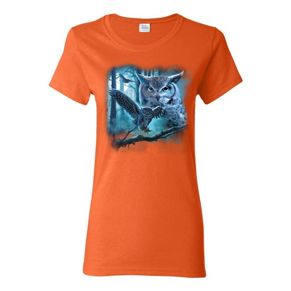 Owl Flying at Nihght In Front of the Moon Animal Lover Womens Graphic T-Shirt, Orange, 3XL