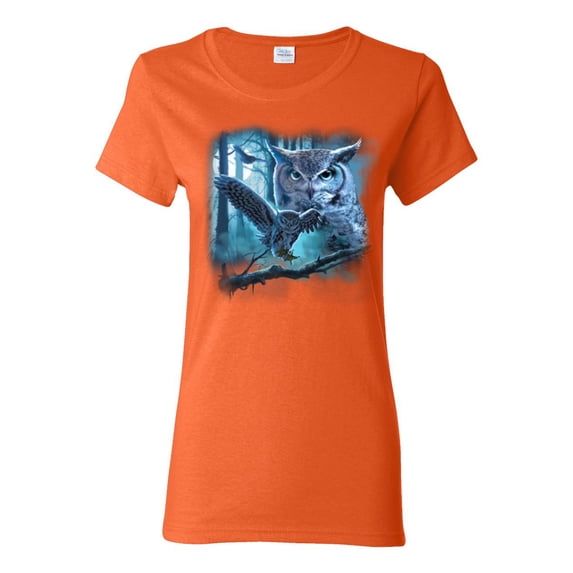 Owl Flying at Nihght In Front of the Moon Animal Lover Womens Graphic T-Shirt, Orange, Large