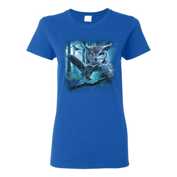 Owl Flying at Nihght In Front of the Moon Animal Lover Womens Graphic T-Shirt, Royal, 2XL