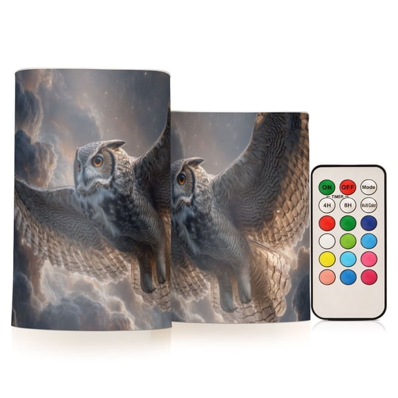 Owl Flying at Stormy Night Flickering Flameless Candles LED Tealight Battery Operated with Remote Set of 2 Holiday Decor Ornaments
