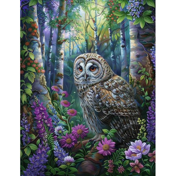 Owl in Forest Surrounded by Flowers and Trees DIY 11CT Stamped Cross Stitch Kits for Beginners Easy Needlepoint Embroidery Counted Cross Stitch Art Craft for Wall Decoration 12x16inch(1)