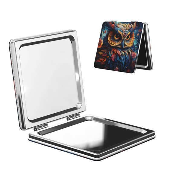 Owl Galaxy Flower Art Portable Double-Sided Face Mirror Square, Magnifying Compact Pocket Mirror with PU Leather Cover