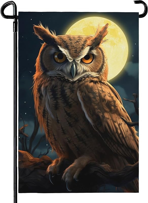 Owl Garden Flags 12x18 Double Sided, Fake Owl Decoys to Scare Birds Squirrels Away from Pool